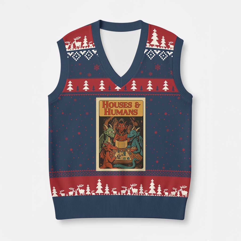 Houses and Humans Fantasy Tabletop Game V-Neck Knit Sweater Vest Retro RPG Dragons Board Game Roleplay Fans TS02 Navy Red Print Your Wear