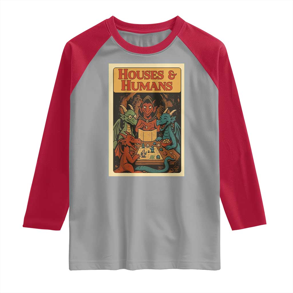 Houses and Humans Fantasy Tabletop Game Raglan Shirt Retro RPG Dragons Board Game Roleplay Fans TS02 Sport Gray Red Print Your Wear