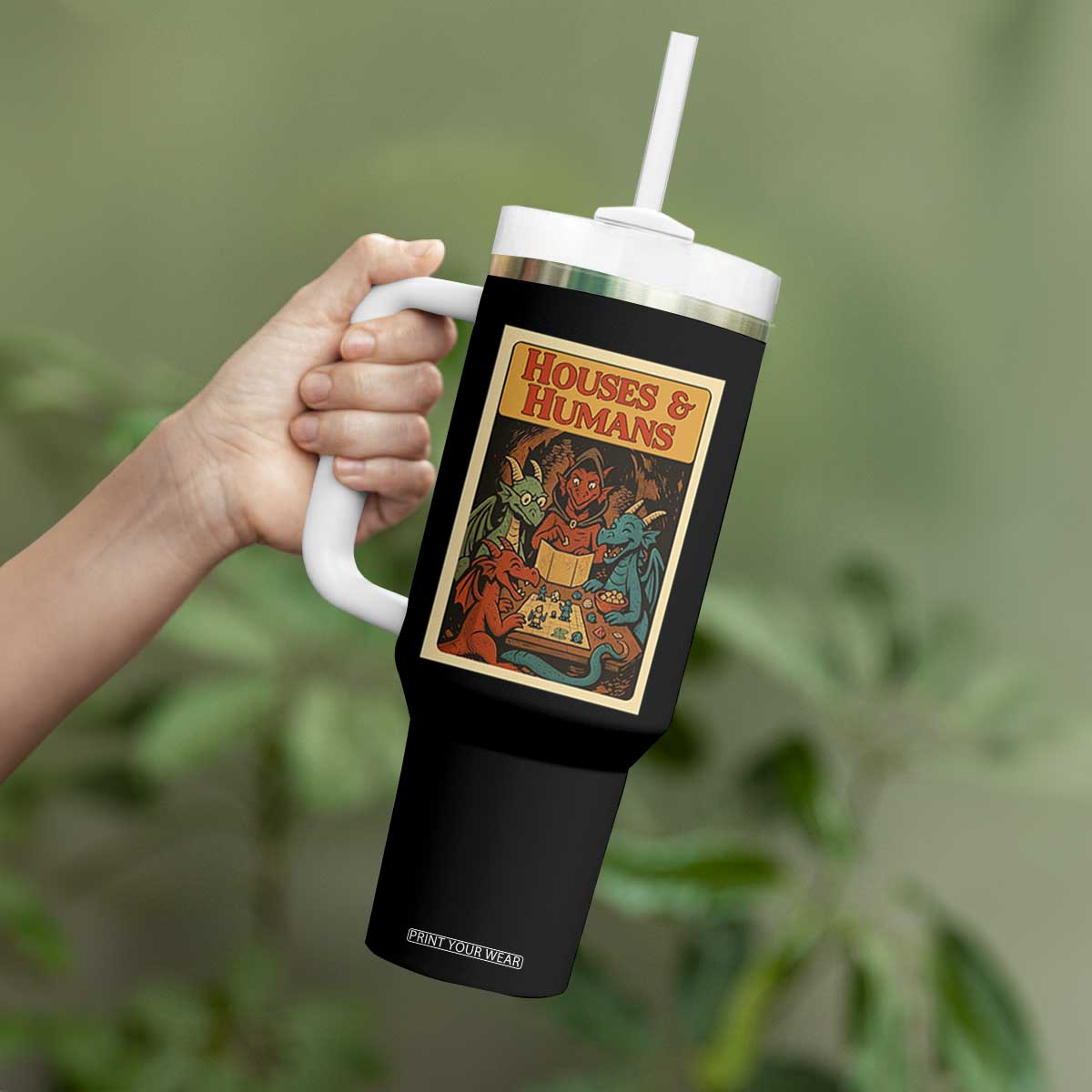 Houses and Humans Fantasy Tabletop Game Tumbler With Handle Retro RPG Dragons Board Game Roleplay Fans TS02 Print Your Wear