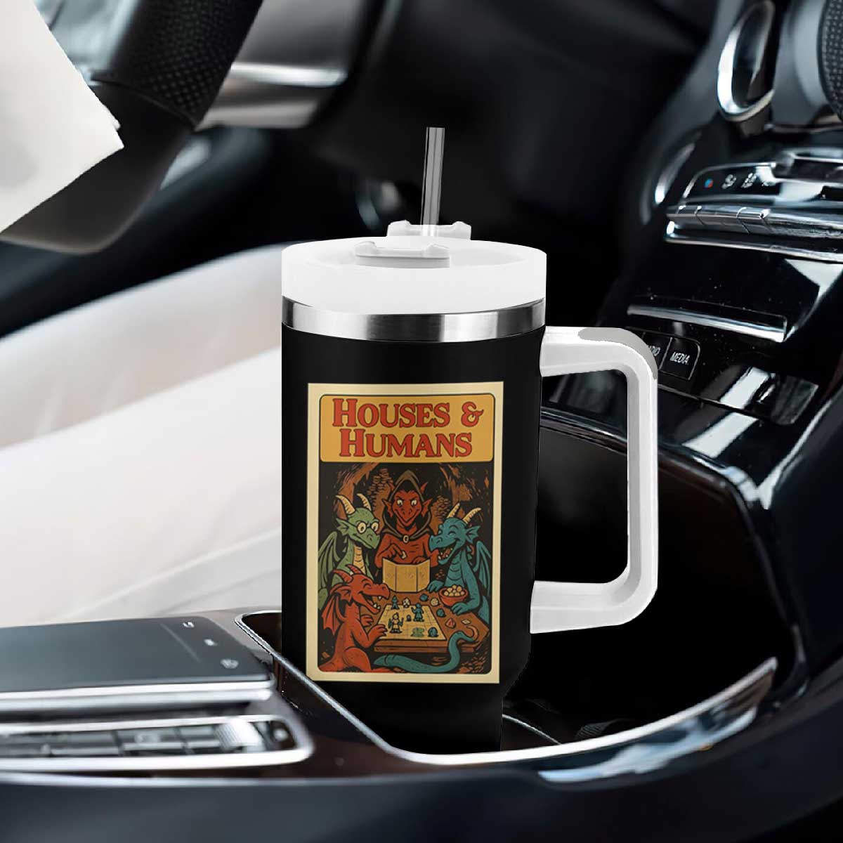 Houses and Humans Fantasy Tabletop Game Tumbler With Handle Retro RPG Dragons Board Game Roleplay Fans TS02 Print Your Wear