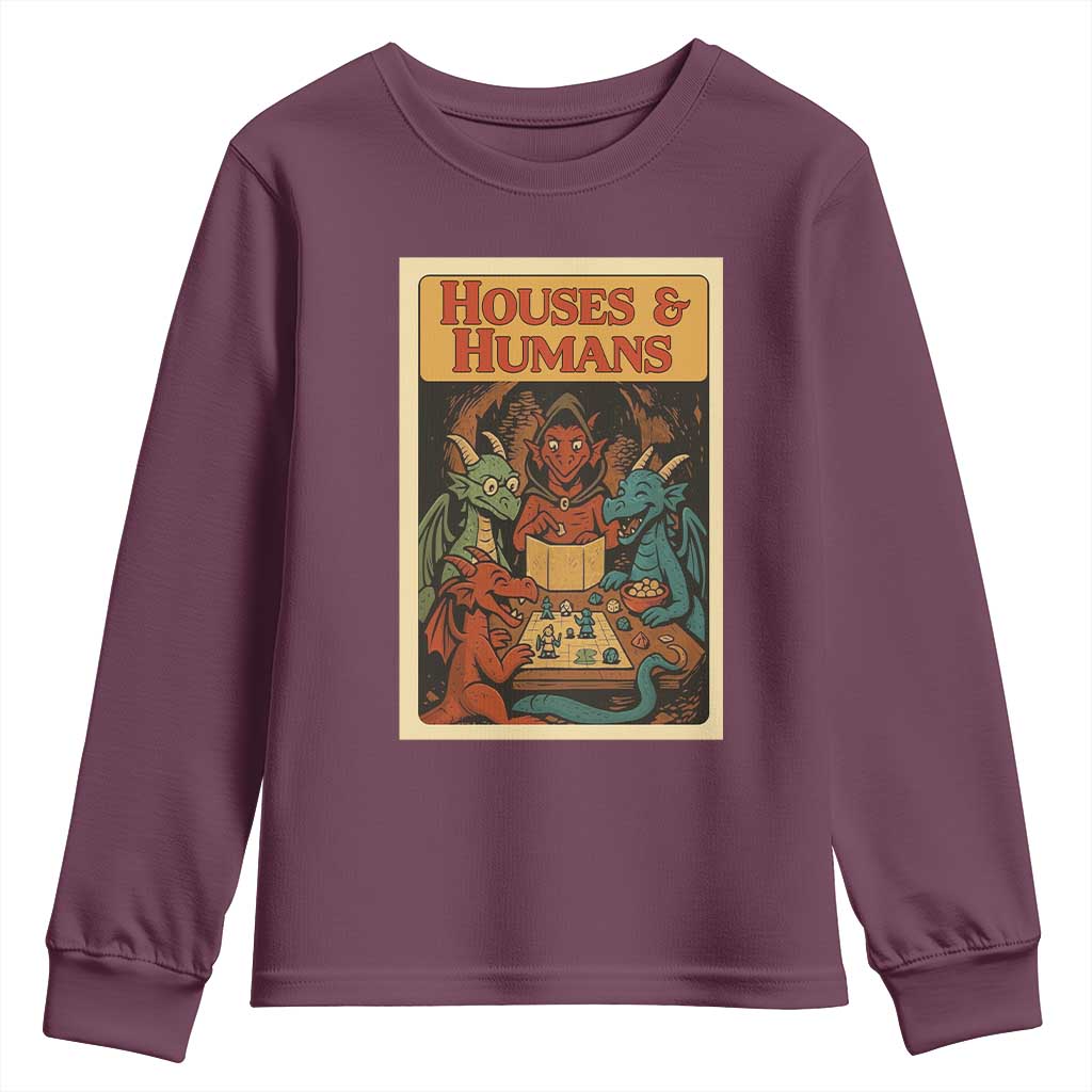 Houses and Humans Fantasy Tabletop Game Youth Sweatshirt Retro RPG Dragons Board Game Roleplay Fans TS02 Maroon Print Your Wear