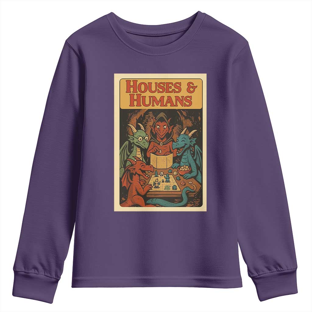 Houses and Humans Fantasy Tabletop Game Youth Sweatshirt Retro RPG Dragons Board Game Roleplay Fans TS02 Purple Print Your Wear