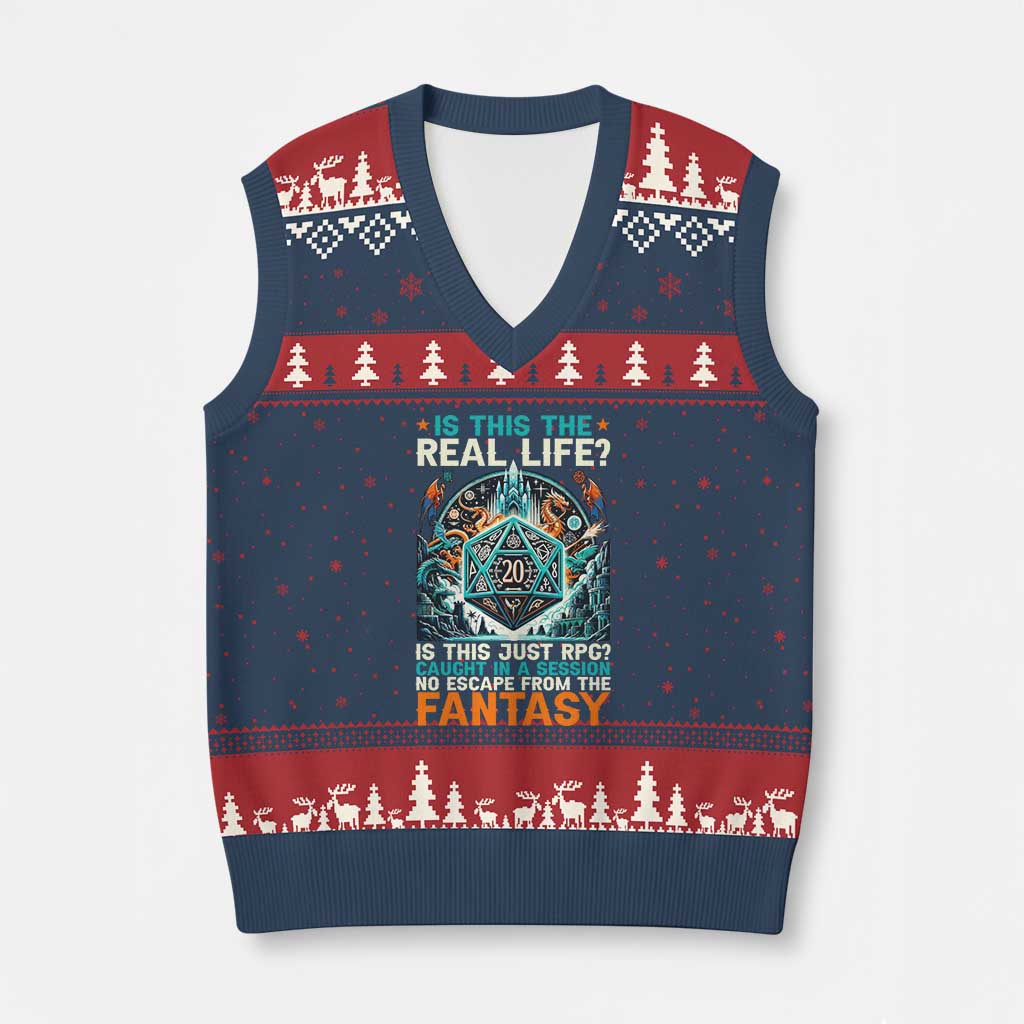 Is This the Real Life RPG Parody Fantasy Dice V-Neck Knit Sweater Vest Funny Epic Tabletop Dungeon Roleplay Game Fans TS02 Navy Red Print Your Wear