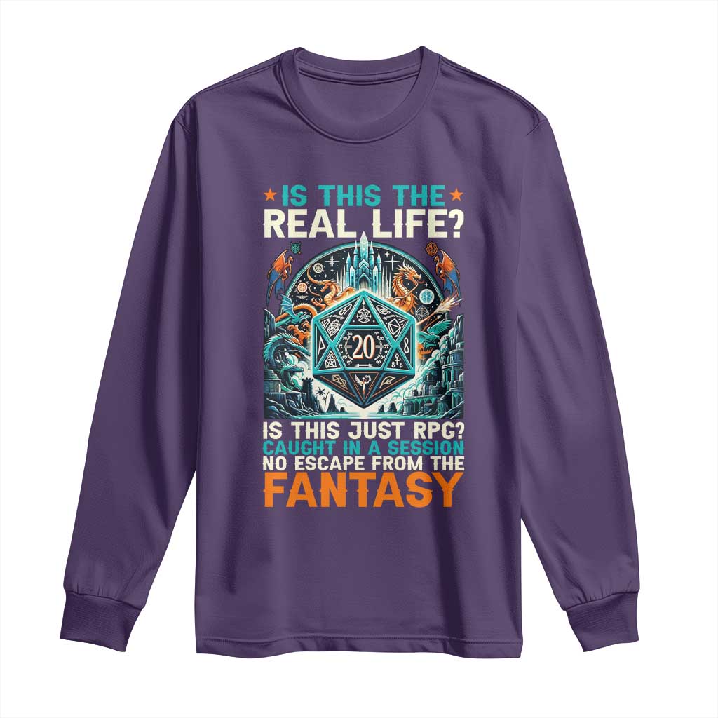 Is This the Real Life RPG Parody Fantasy Dice Long Sleeve Shirt Funny Epic Tabletop Dungeon Roleplay Game Fans TS02 Purple Print Your Wear