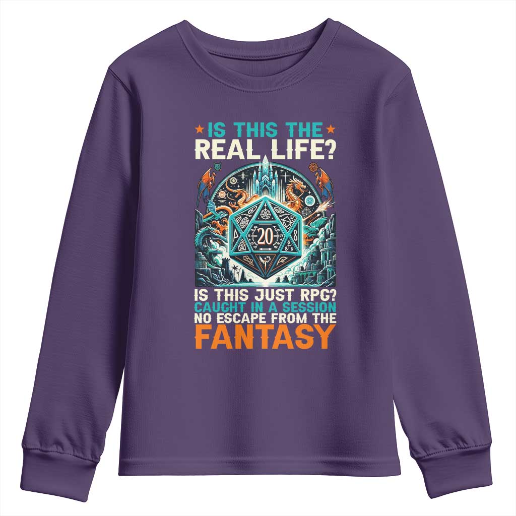 Is This the Real Life RPG Parody Fantasy Dice Youth Sweatshirt Funny Epic Tabletop Dungeon Roleplay Game Fans TS02 Purple Print Your Wear