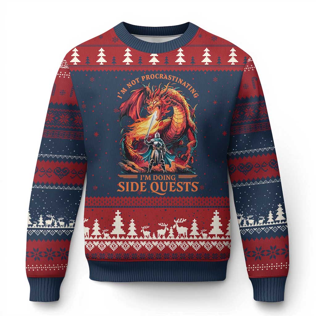 Im Not Procrastinating Im Doing Side Quests Ugly Christmas Sweater Fantasy Gamer Humor Epic Dragon RPG Adventure TS02 Navy Red Print Your Wear