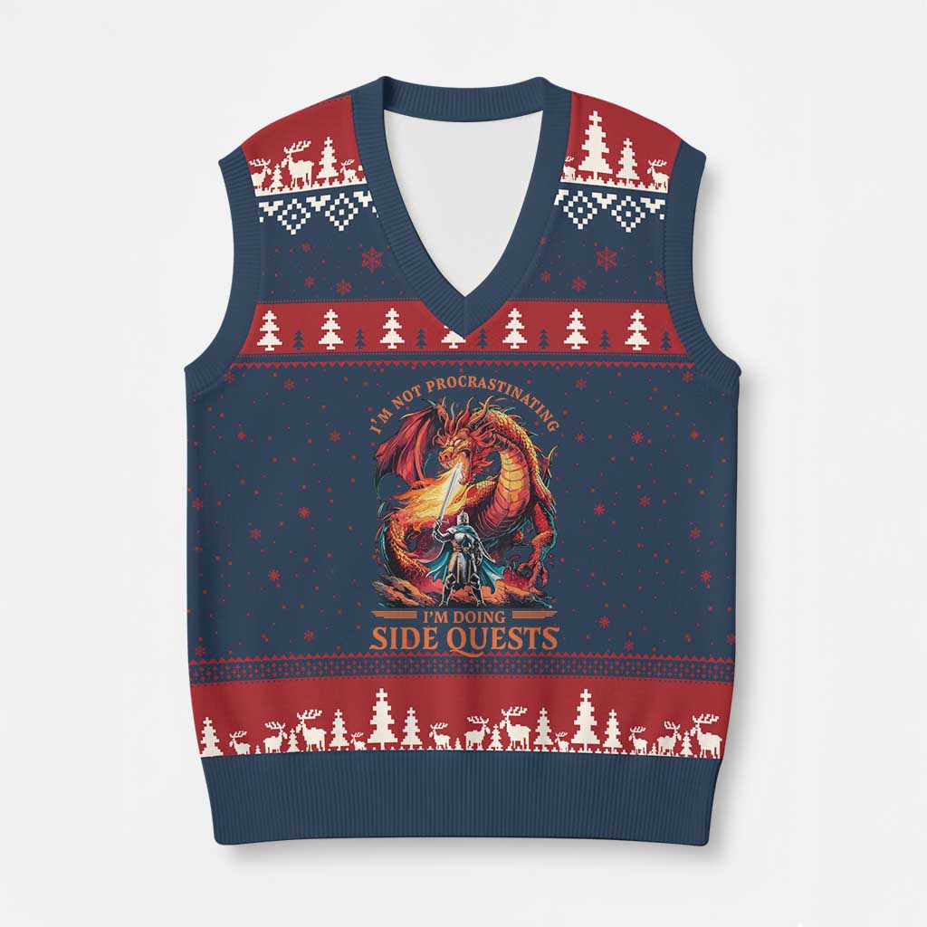 Im Not Procrastinating Im Doing Side Quests V-Neck Knit Sweater Vest Fantasy Gamer Humor Epic Dragon RPG Adventure TS02 Navy Red Print Your Wear