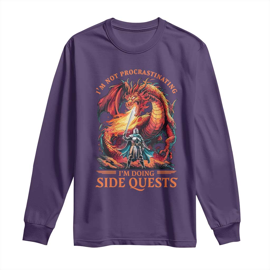 Im Not Procrastinating Im Doing Side Quests Long Sleeve Shirt Fantasy Gamer Humor Epic Dragon RPG Adventure TS02 Purple Print Your Wear
