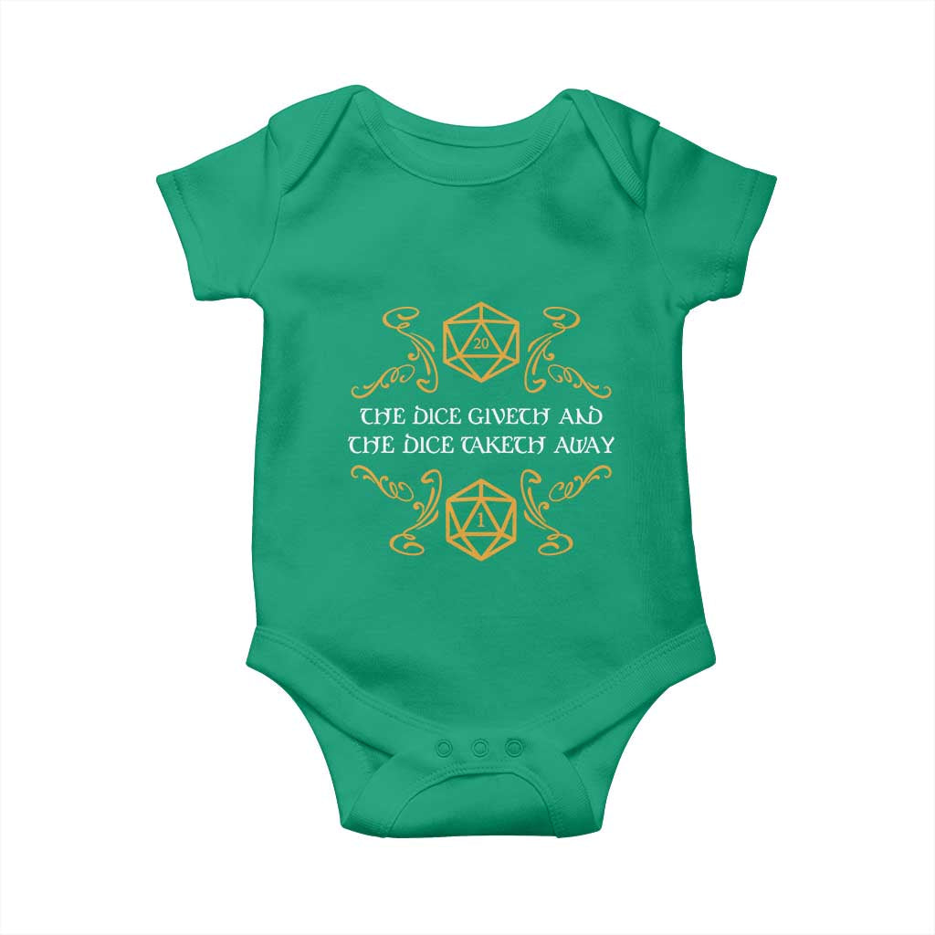 The Dice Giveth and the Dice Taketh Away RPG Quote Baby Onesie Classic Tabletop Dice Humor Fantasy Roleplay Fans TS02 Irish Green Print Your Wear