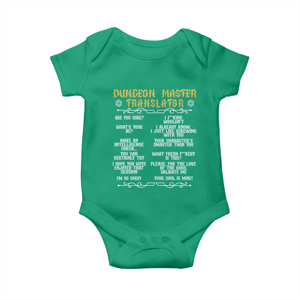 Dungeon Master Translator RPG Humor Baby Onesie Sarcastic Tabletop Roleplay Game Masters and Players TS02 Irish Green Print Your Wear