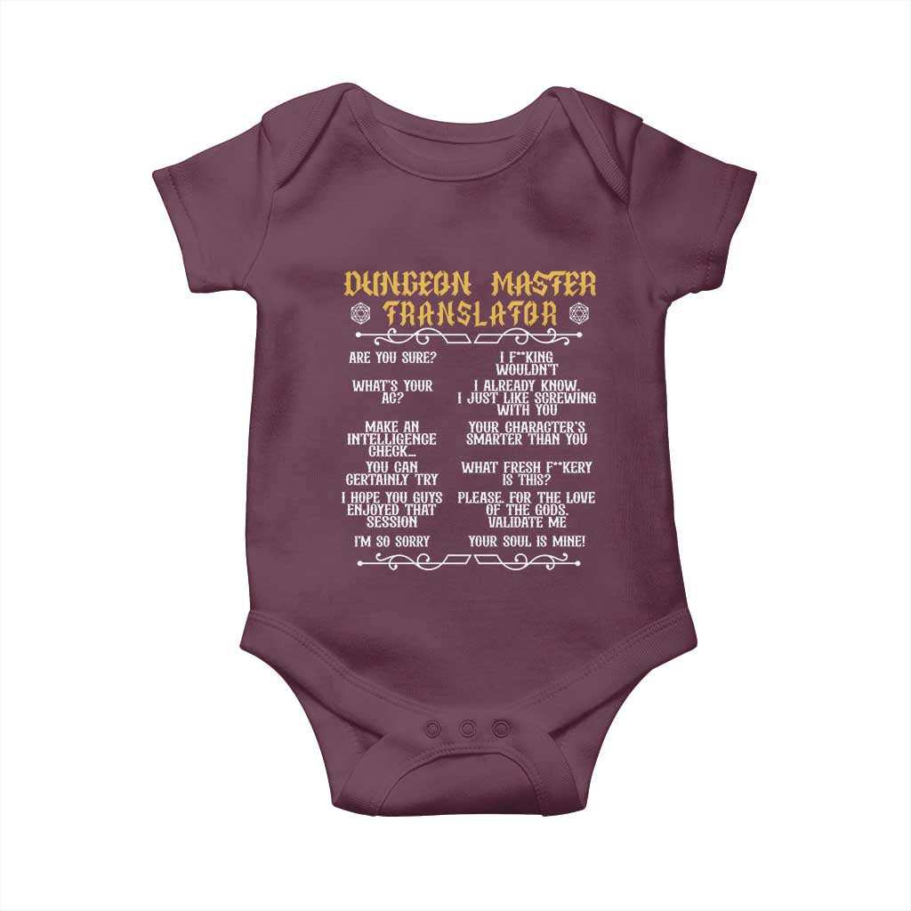 Dungeon Master Translator RPG Humor Baby Onesie Sarcastic Tabletop Roleplay Game Masters and Players TS02 Maroon Print Your Wear