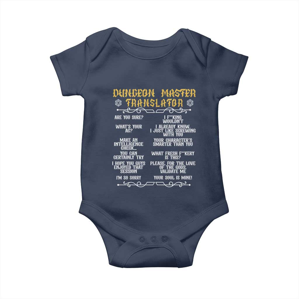Dungeon Master Translator RPG Humor Baby Onesie Sarcastic Tabletop Roleplay Game Masters and Players TS02 Navy Print Your Wear
