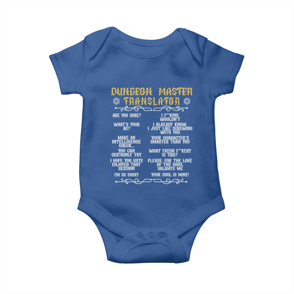 Dungeon Master Translator RPG Humor Baby Onesie Sarcastic Tabletop Roleplay Game Masters and Players TS02 Royal Blue Print Your Wear