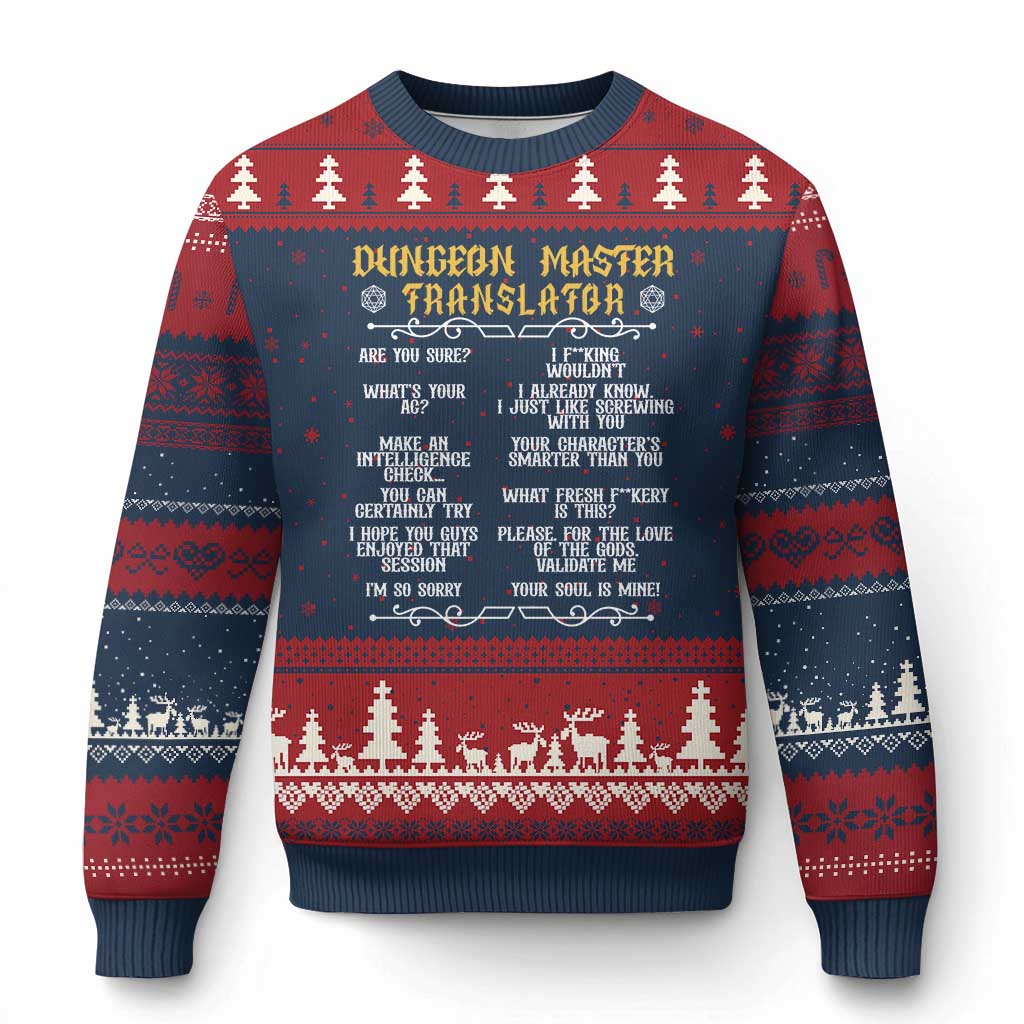 Dungeon Master Translator RPG Humor Ugly Christmas Sweater Sarcastic Tabletop Roleplay Game Masters and Players TS02 Navy Red Print Your Wear