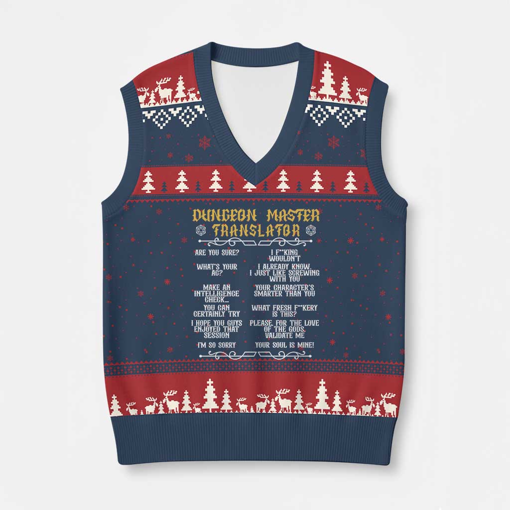 Dungeon Master Translator RPG Humor V-Neck Knit Sweater Vest Sarcastic Tabletop Roleplay Game Masters and Players TS02 Navy Red Print Your Wear