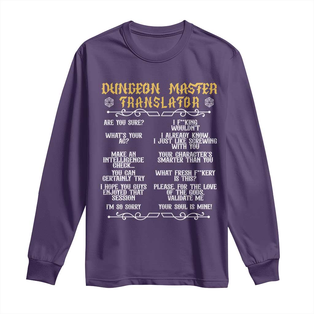 Dungeon Master Translator RPG Humor Long Sleeve Shirt Sarcastic Tabletop Roleplay Game Masters and Players TS02 Purple Print Your Wear