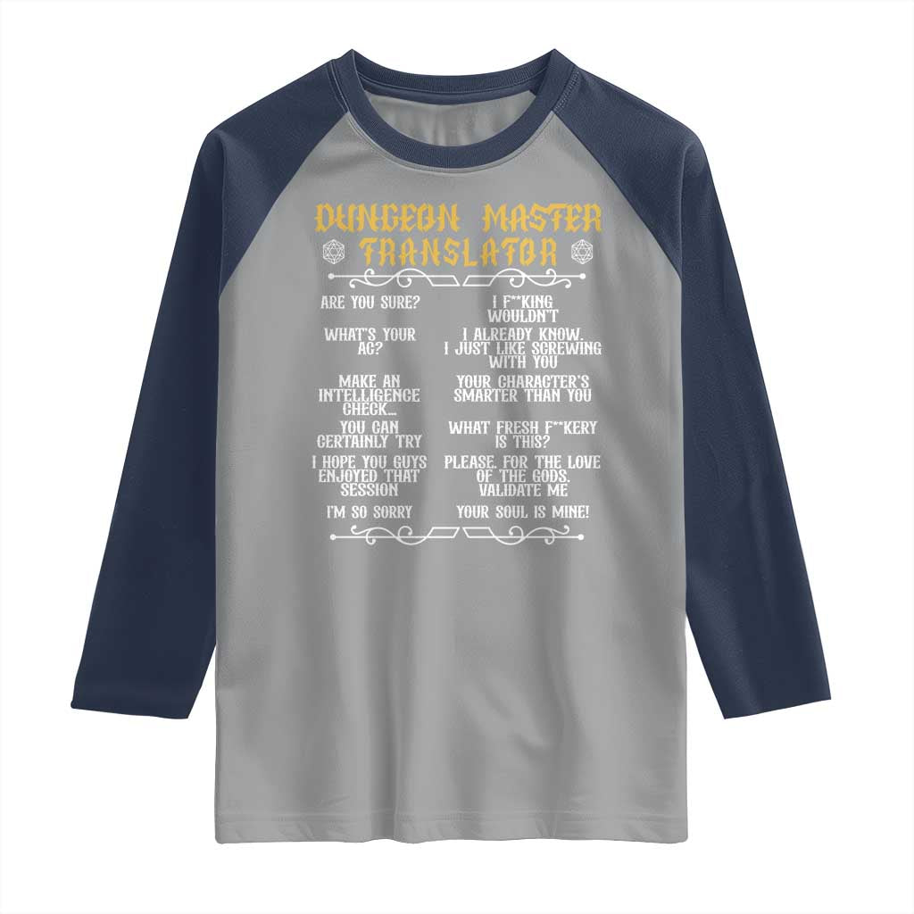 Dungeon Master Translator RPG Humor Raglan Shirt Sarcastic Tabletop Roleplay Game Masters and Players TS02 Sport Gray Navy Print Your Wear