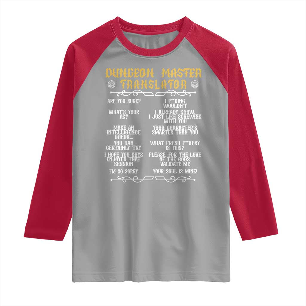 Dungeon Master Translator RPG Humor Raglan Shirt Sarcastic Tabletop Roleplay Game Masters and Players TS02 Sport Gray Red Print Your Wear