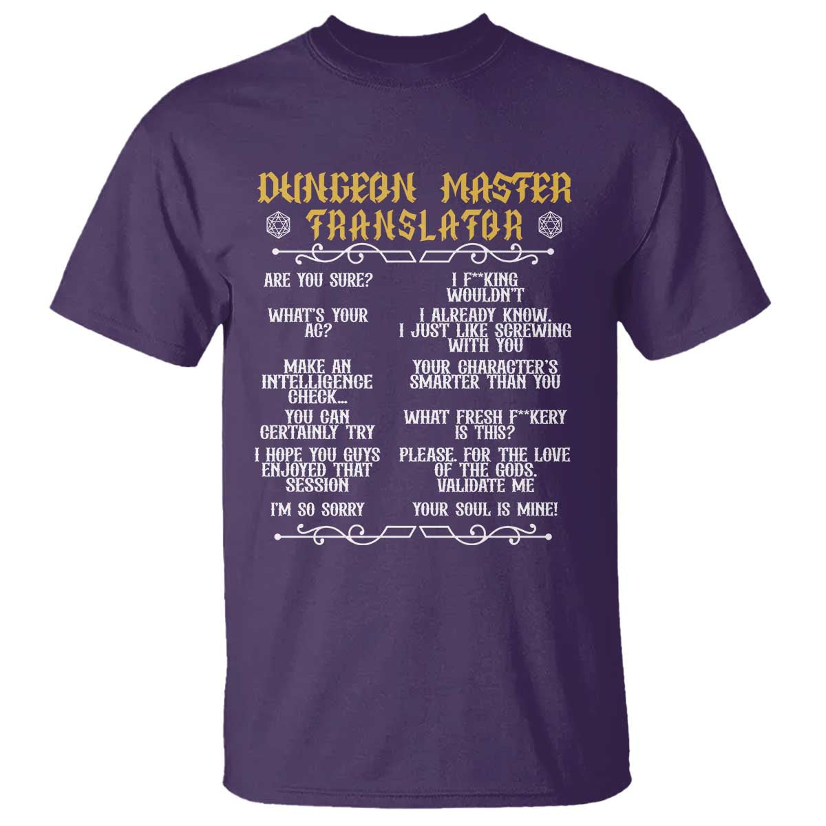 Dungeon Master Translator RPG Humor T Shirt Sarcastic Tabletop Roleplay Game Masters and Players TS02 Purple Print Your Wear