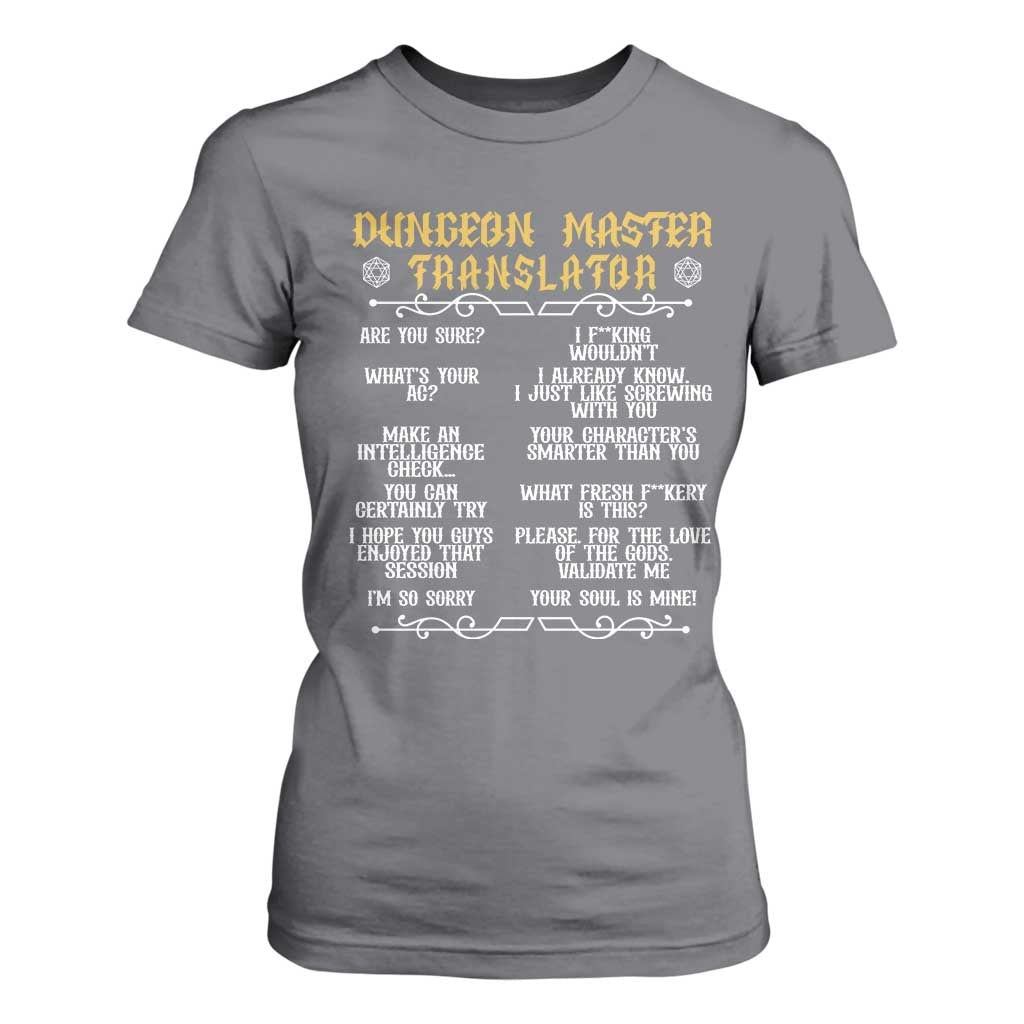 Dungeon Master Translator RPG Humor T Shirt For Women Sarcastic Tabletop Roleplay Game Masters and Players TS02 Charcoal Print Your Wear