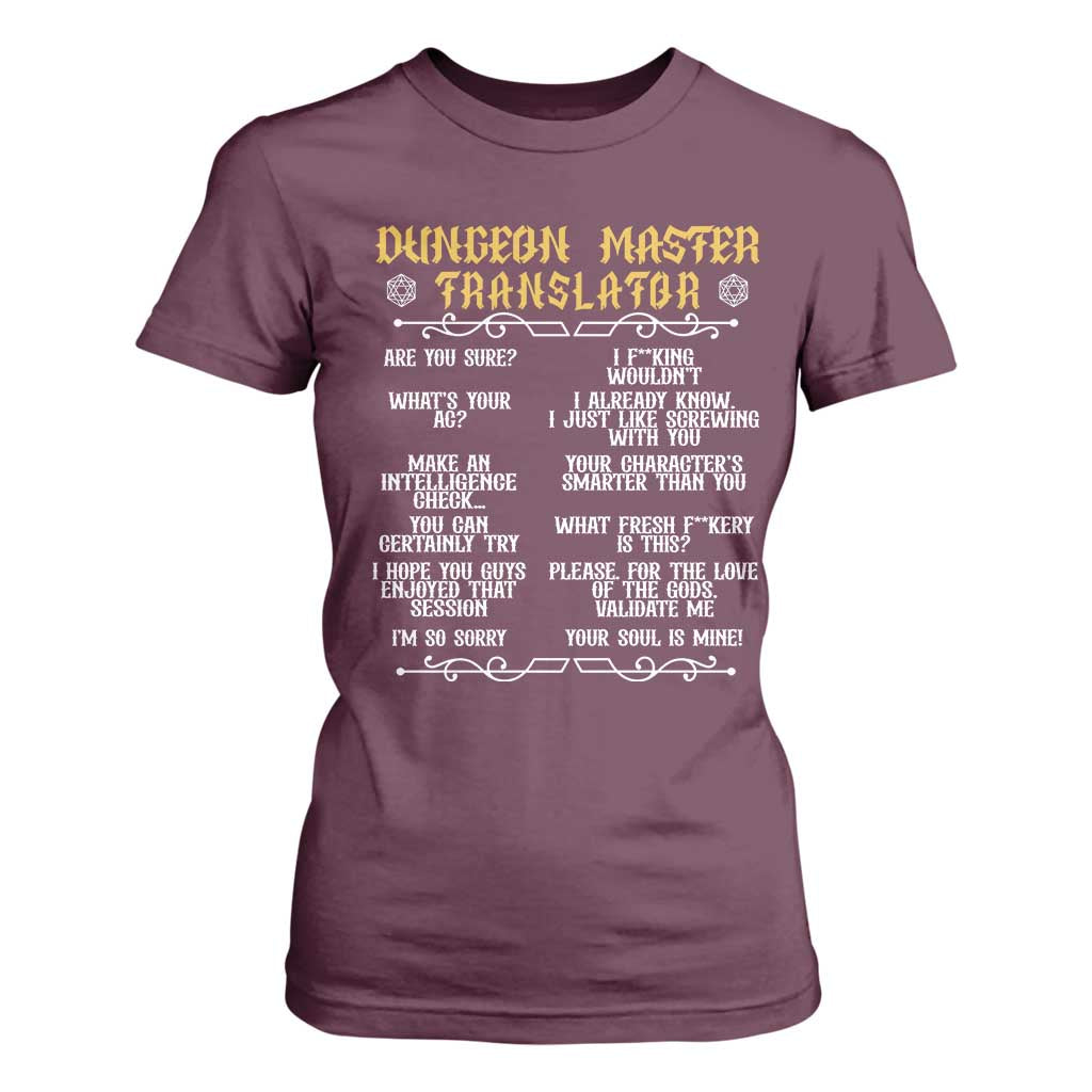 Dungeon Master Translator RPG Humor T Shirt For Women Sarcastic Tabletop Roleplay Game Masters and Players TS02 Maroon Print Your Wear