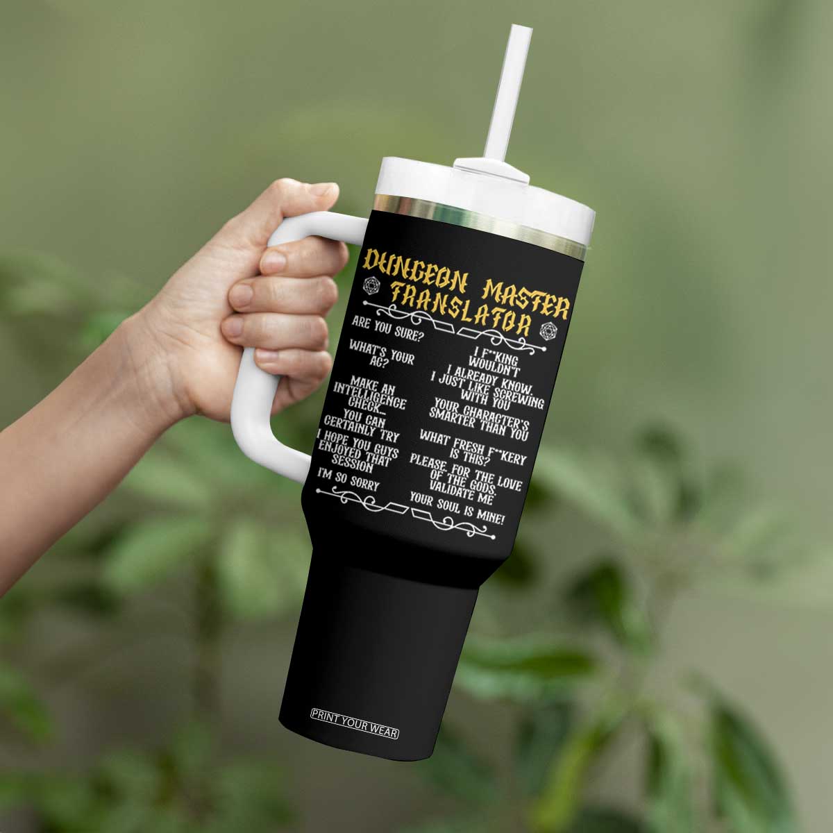Dungeon Master Translator RPG Humor Tumbler With Handle Sarcastic Tabletop Roleplay Game Masters and Players TS02 Print Your Wear