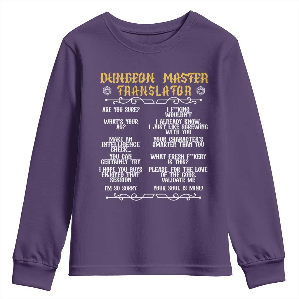 Dungeon Master Translator RPG Humor Youth Sweatshirt Sarcastic Tabletop Roleplay Game Masters and Players TS02 Purple Print Your Wear