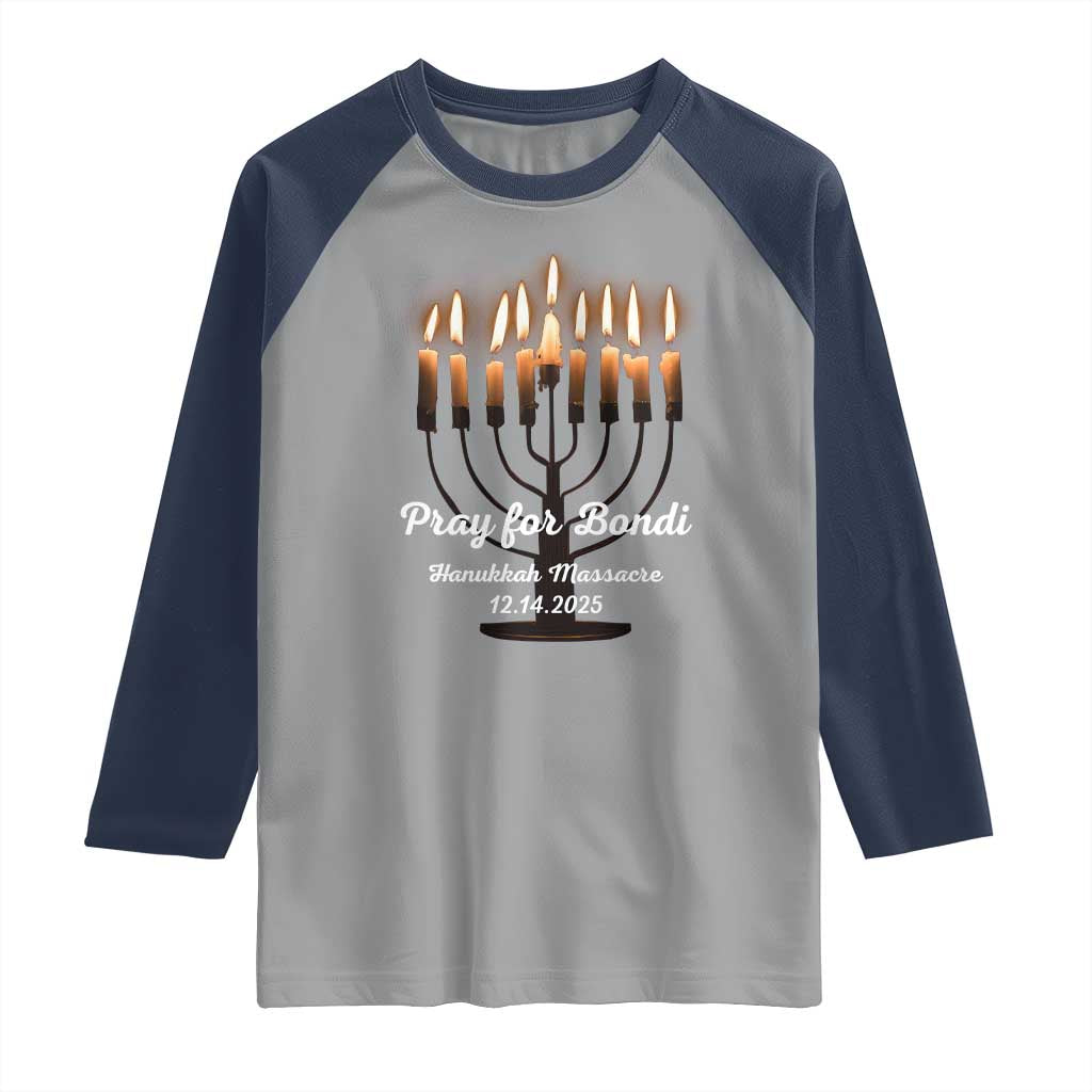 Pray for Bondi Australia Hanukkah Dec 14 2025 Raglan Shirt Menorah Lights Jewish Faith Memorial TS02 Sport Gray Navy Print Your Wear