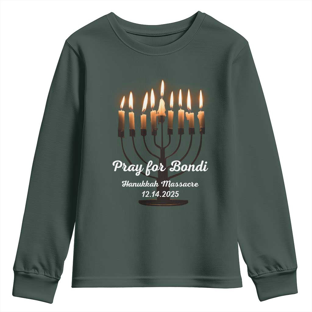 Pray for Bondi Australia Hanukkah Dec 14 2025 Youth Sweatshirt Menorah Lights Jewish Faith Memorial TS02 Dark Forest Green Print Your Wear