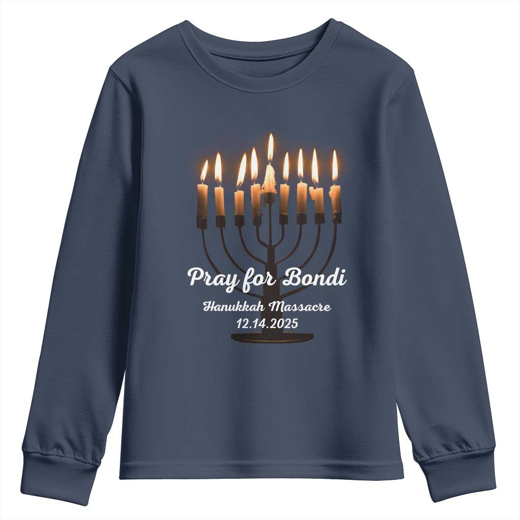 Pray for Bondi Australia Hanukkah Dec 14 2025 Youth Sweatshirt Menorah Lights Jewish Faith Memorial TS02 Navy Print Your Wear