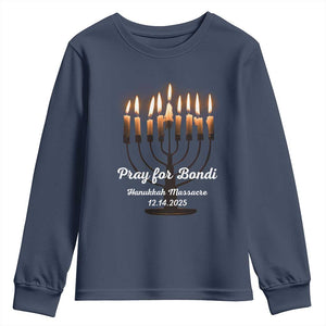 Pray for Bondi Australia Hanukkah Dec 14 2025 Youth Sweatshirt Menorah Lights Jewish Faith Memorial TS02 Navy Print Your Wear