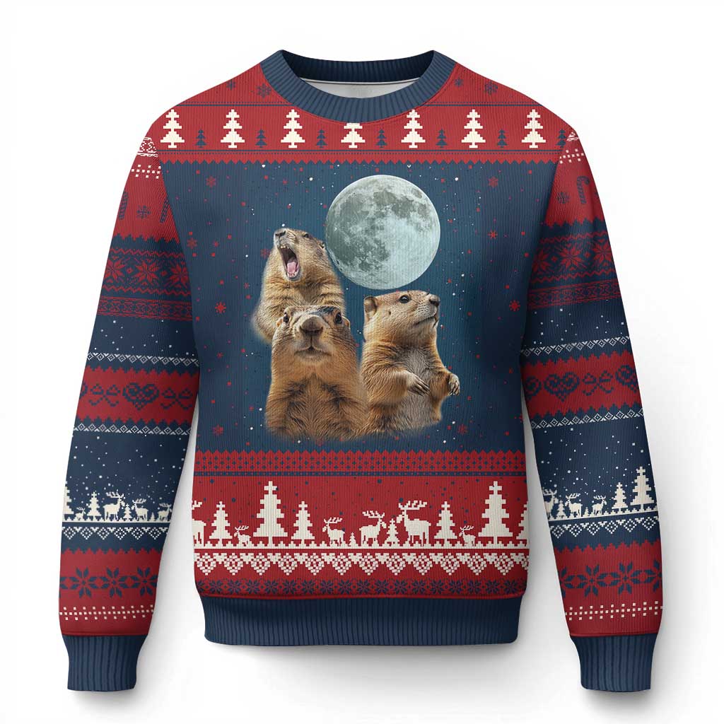Funny Three Groundhog Meme Ugly Christmas Sweater Woodchucks Under The Moon TS02 Navy Red Print Your Wear