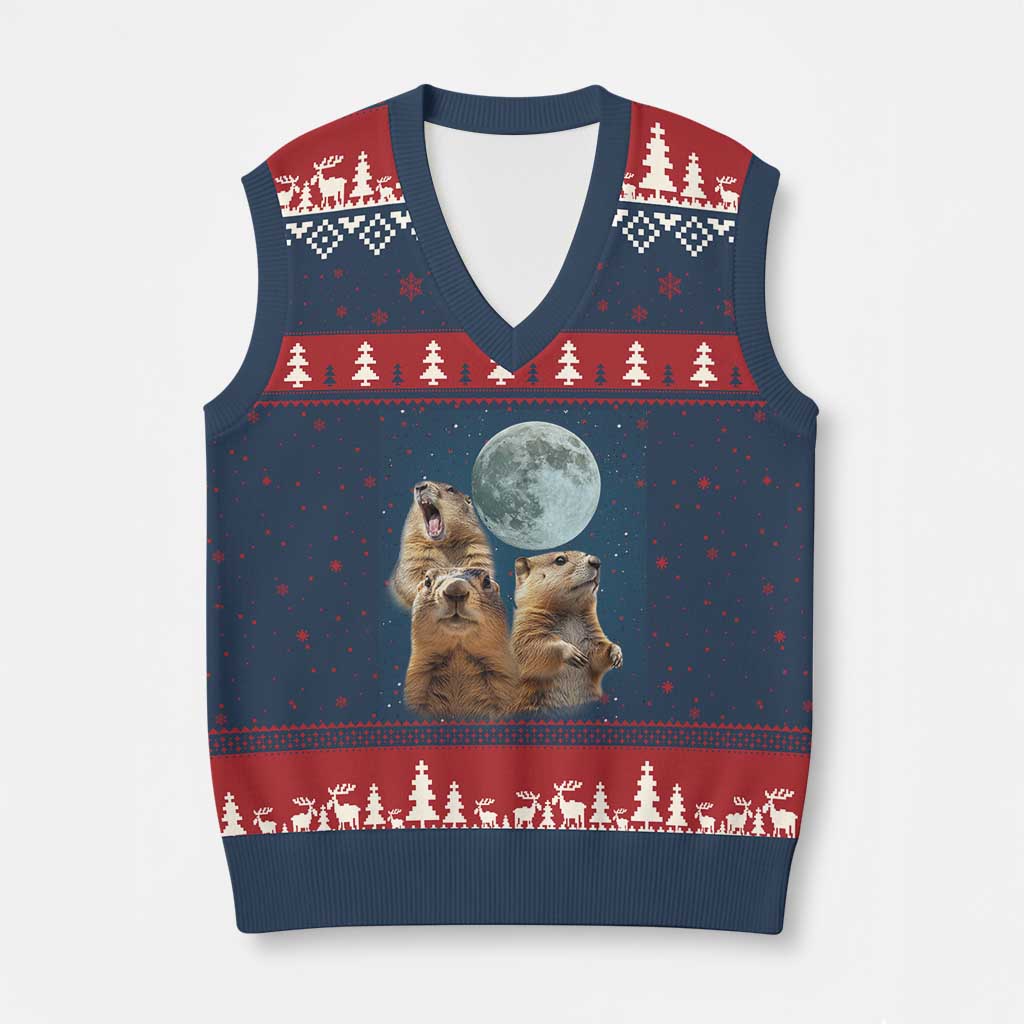 Funny Three Groundhog Meme V-Neck Knit Sweater Vest Woodchucks Under The Moon TS02 Navy Red Print Your Wear