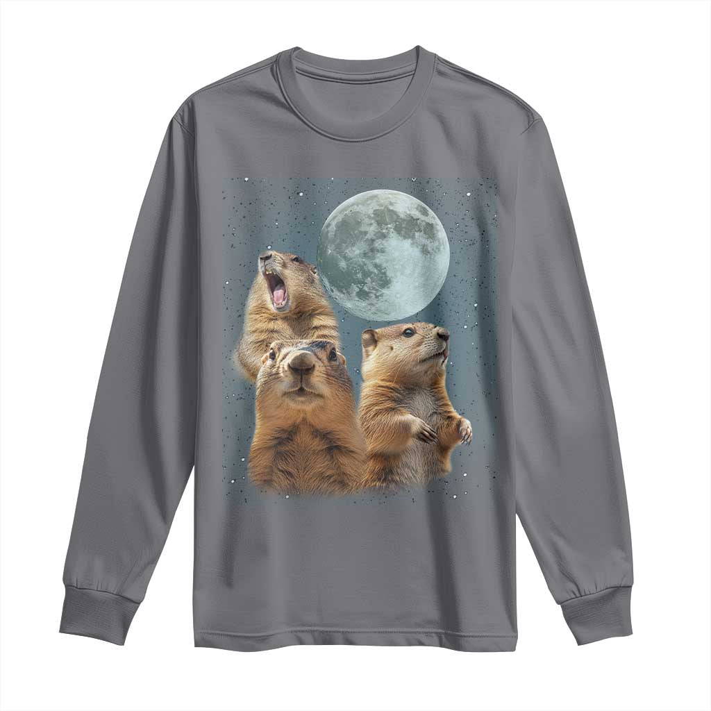 Funny Three Groundhog Meme Long Sleeve Shirt Woodchucks Under The Moon TS02 Charcoal Print Your Wear