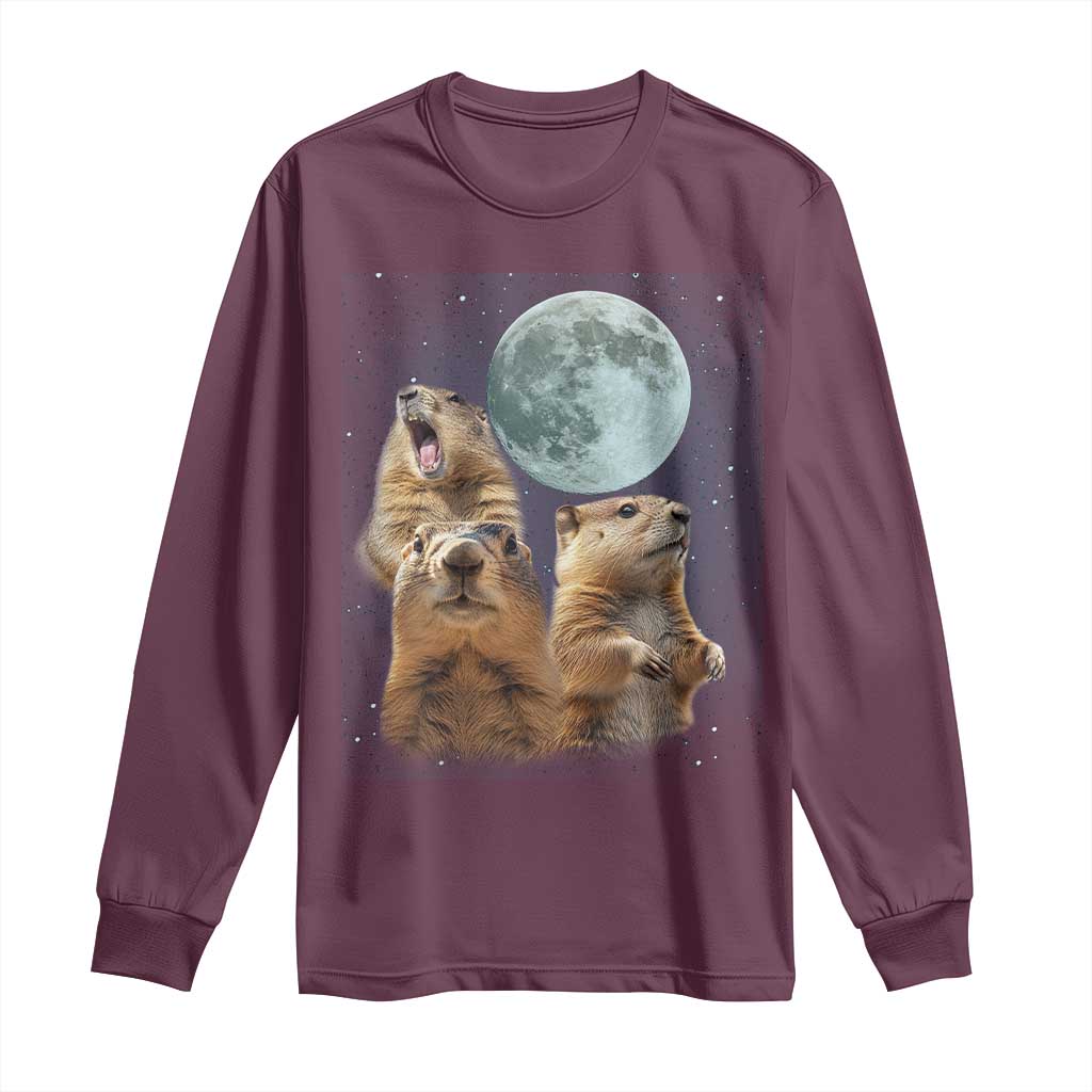 Funny Three Groundhog Meme Long Sleeve Shirt Woodchucks Under The Moon TS02 Maroon Print Your Wear