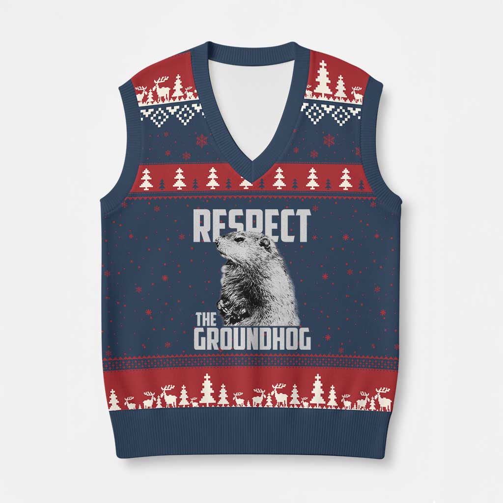 Respect The Groundhog V-Neck Knit Sweater Vest Funny Woodchuck Shadow Meteorlogy TS02 Navy Red Print Your Wear