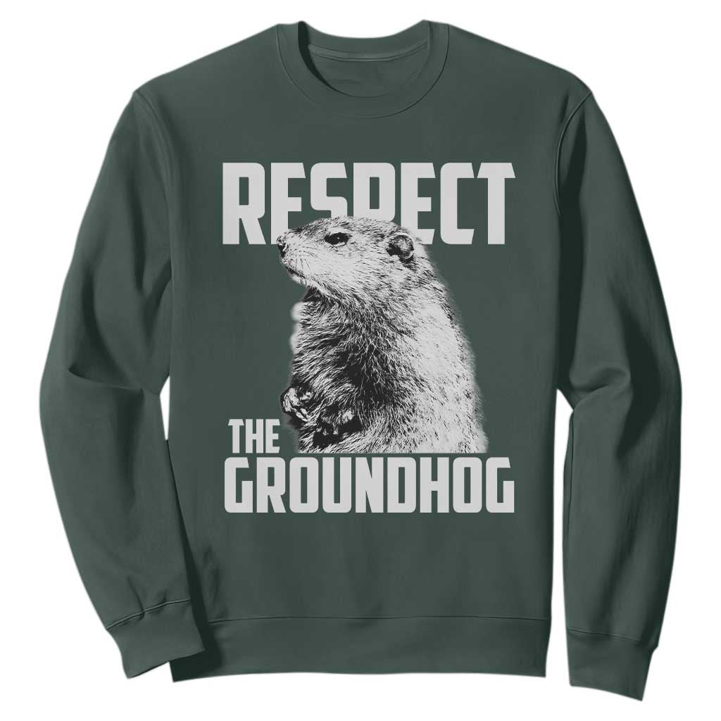 Respect The Groundhog Sweatshirt Funny Woodchuck Shadow Meteorlogy TS02 Dark Forest Green Print Your Wear
