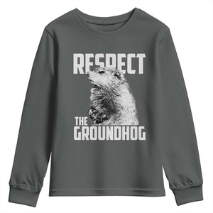 Respect The Groundhog Youth Sweatshirt Funny Woodchuck Shadow Meteorlogy TS02 Dark Heather Print Your Wear