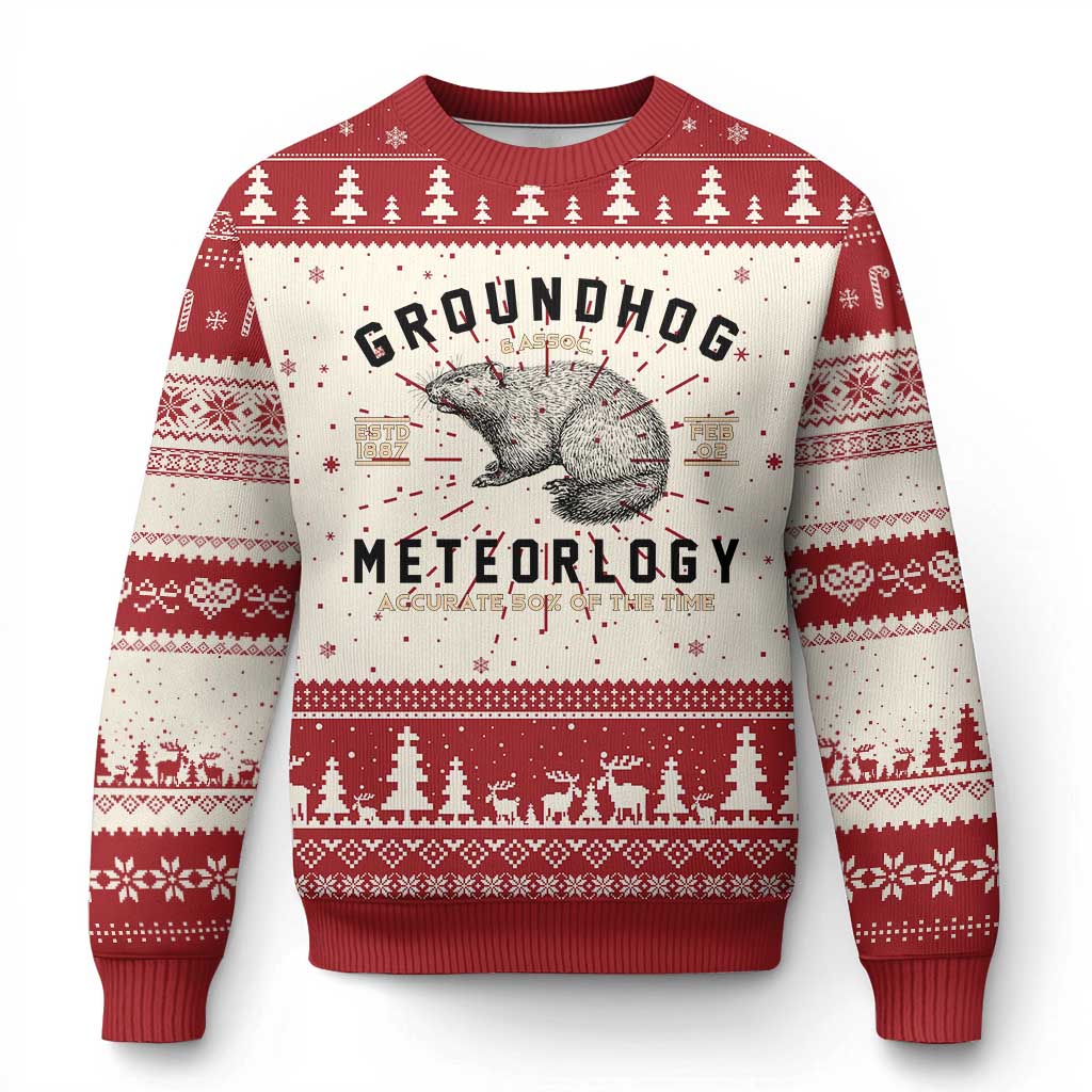 Groundhog Meteorology Knit Sweatshirt Estd 1887 Accurate 50 Percent Of The Time Woodchuck TS02 Red Print Your Wear