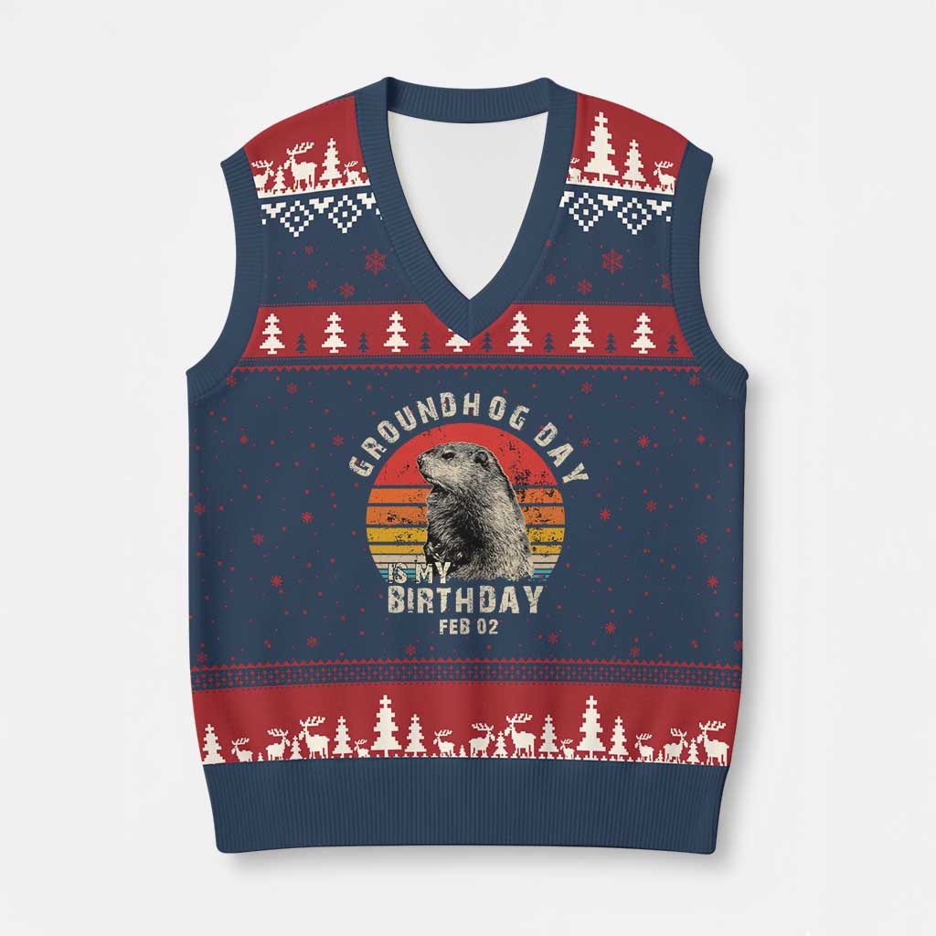 Groundhog Day Is My Birthday V-Neck Knit Sweater Vest Funny Woodchuck Retro Vintage TS02 Navy Red Print Your Wear