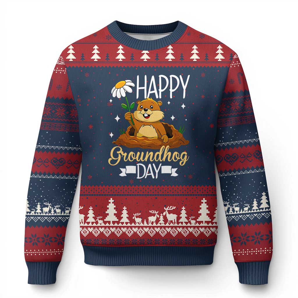 Happy Groundhog Day Ugly Christmas Sweater Punxsutawney Phil Groundhog Lover TS02 Navy Red Print Your Wear