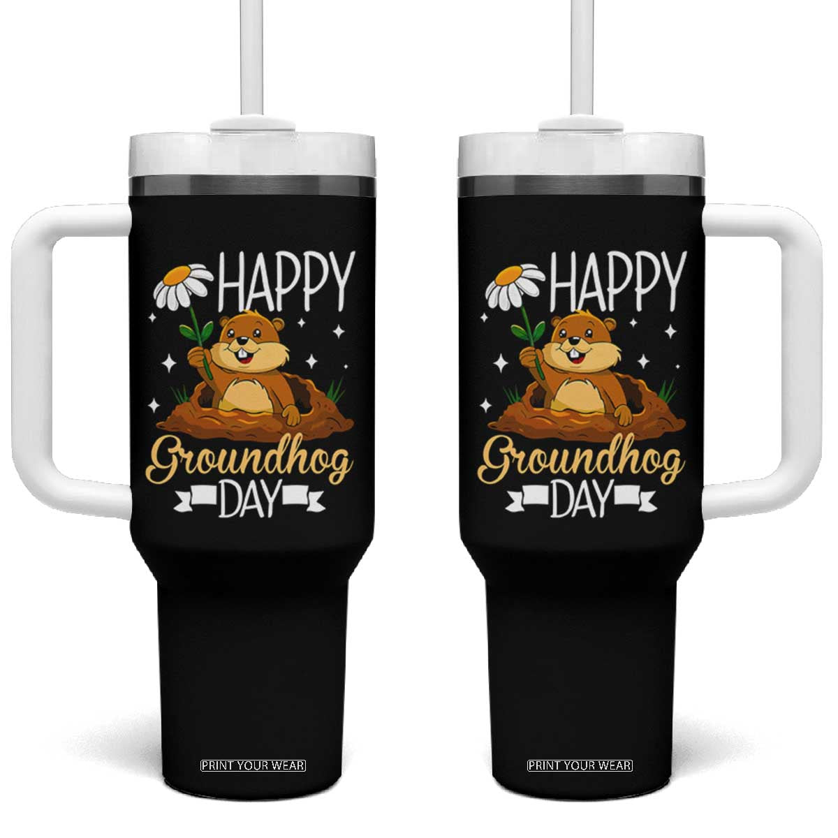Happy Groundhog Day Tumbler With Handle Punxsutawney Phil Groundhog Lover TS02 One Size: 40 oz Black Print Your Wear
