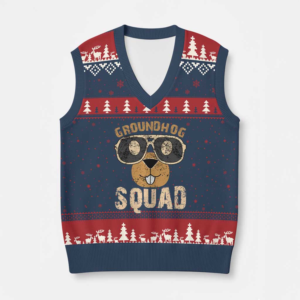 Groundhog Squad V-Neck Knit Sweater Vest Cute Woodchuck Happy Groundhog Day TS02 Navy Red Print Your Wear