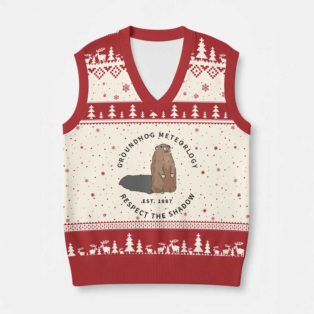 Groundhog Meteorology V-Neck Knit Sweater Vest Respect The Shadow Est 1887 Funny Woodchuck TS02 Beige Red Print Your Wear