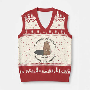 Groundhog Meteorology V-Neck Knit Sweater Vest Respect The Shadow Est 1887 Funny Woodchuck TS02 Beige Red Print Your Wear