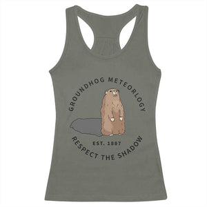 Groundhog Meteorology Racerback Tank Top Respect The Shadow Est 1887 Funny Woodchuck TS02 Military Green Print Your Wear