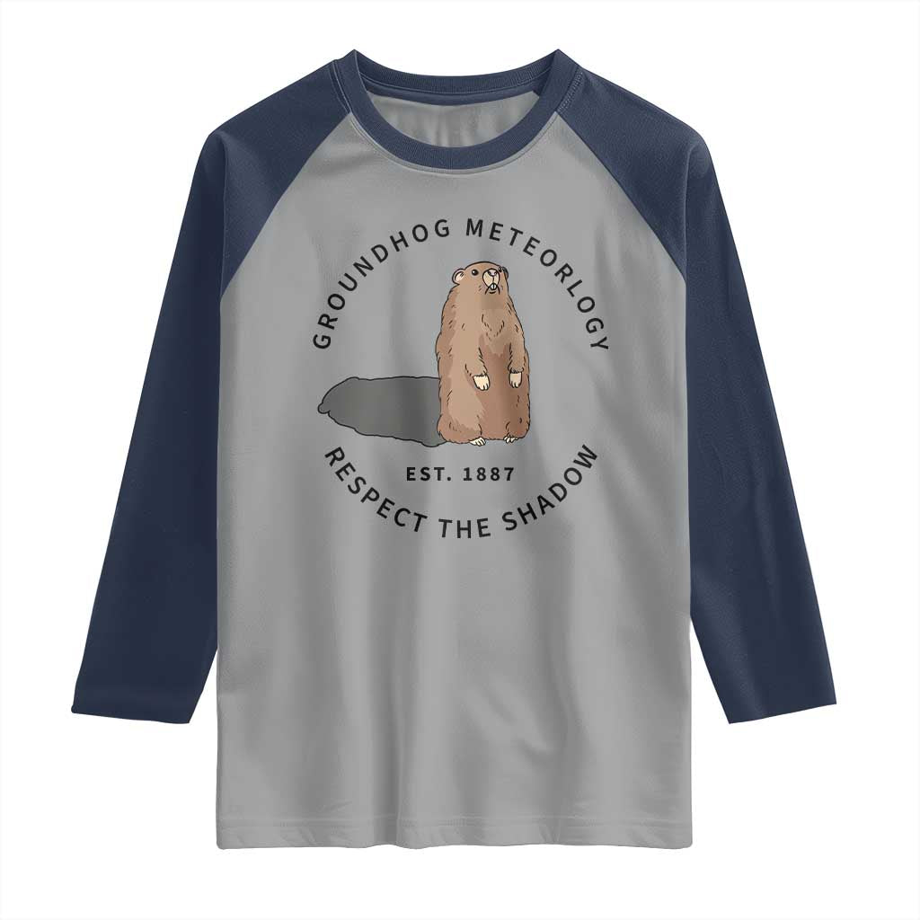 Groundhog Meteorology Raglan Shirt Respect The Shadow Est 1887 Funny Woodchuck TS02 Sport Gray Navy Print Your Wear
