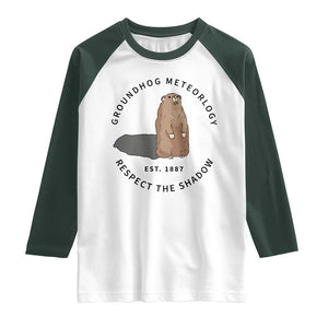 Groundhog Meteorology Raglan Shirt Respect The Shadow Est 1887 Funny Woodchuck TS02 White Dark Forest Green Print Your Wear