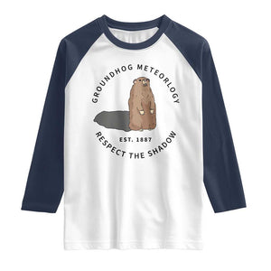 Groundhog Meteorology Raglan Shirt Respect The Shadow Est 1887 Funny Woodchuck TS02 White Navy Print Your Wear