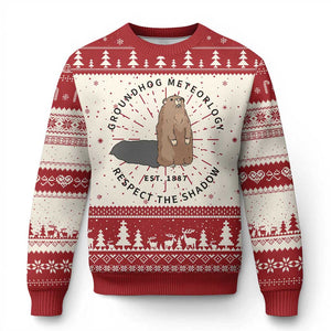 Groundhog Meteorology Knit Sweatshirt Respect The Shadow Est 1887 Funny Woodchuck TS02 Red Print Your Wear